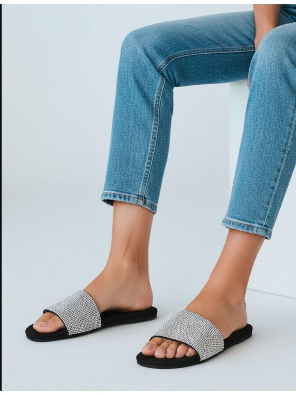 Shoe Republic LA Rhinestone Embellished Slide Sandals Black